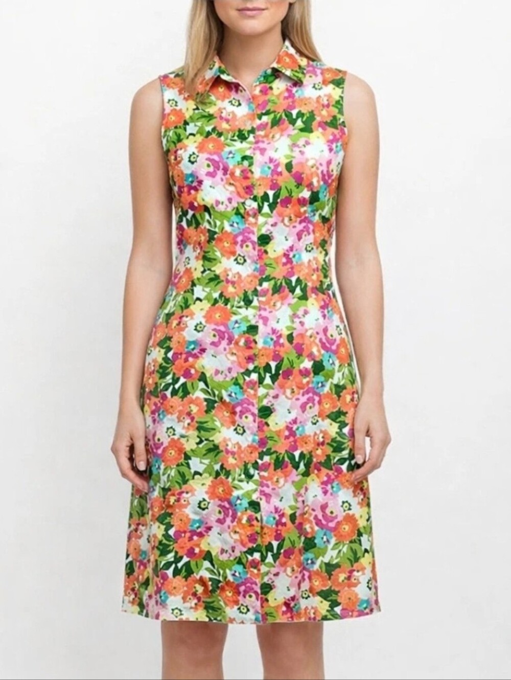 Talbots Petite Floral Sleeveless Shirtdress Cotton Button Front Midi Pockets